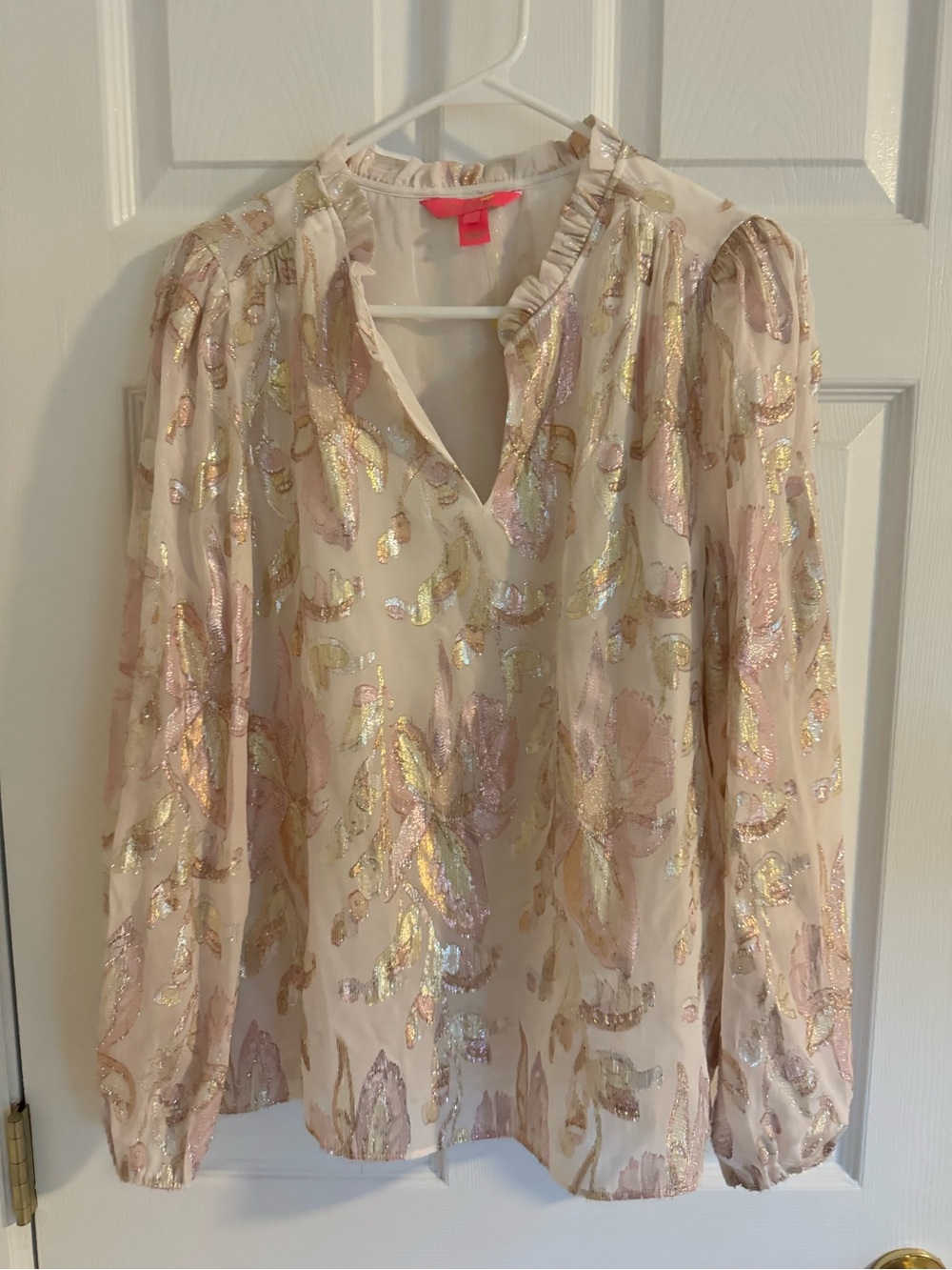 Lilly Pulitzer Giana Silk Top Blouse V-Neck Sparkle Metallic Accents Sz S - Picture 13 of 13